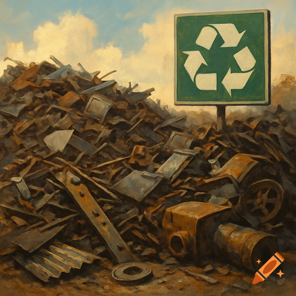 Painterly image of a large pile of scrap metal with a green recycling sign.