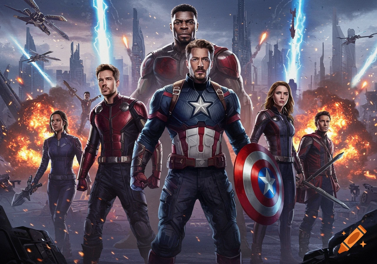 A group of superheroes led by Captain America stands in a ruined city with explosions and lightning, cinematic style.