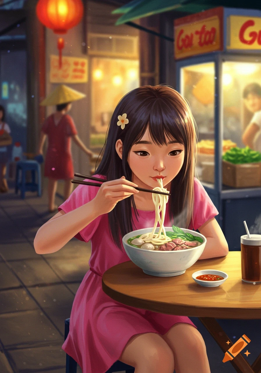 Illustration of a girl eating noodles with chopsticks at a street food stall.