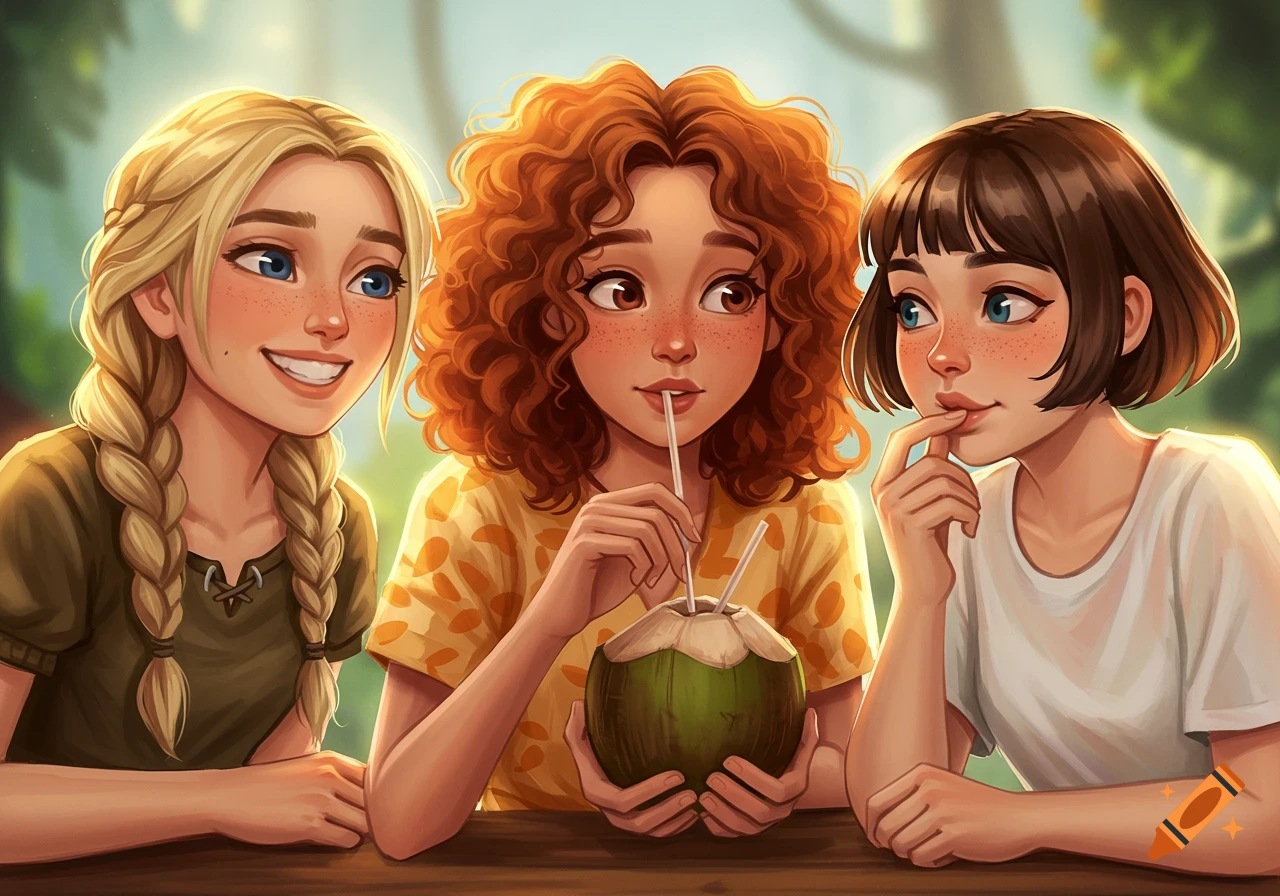 Digital illustration of three cheerful young women, one drinking from a coconut, outdoors.