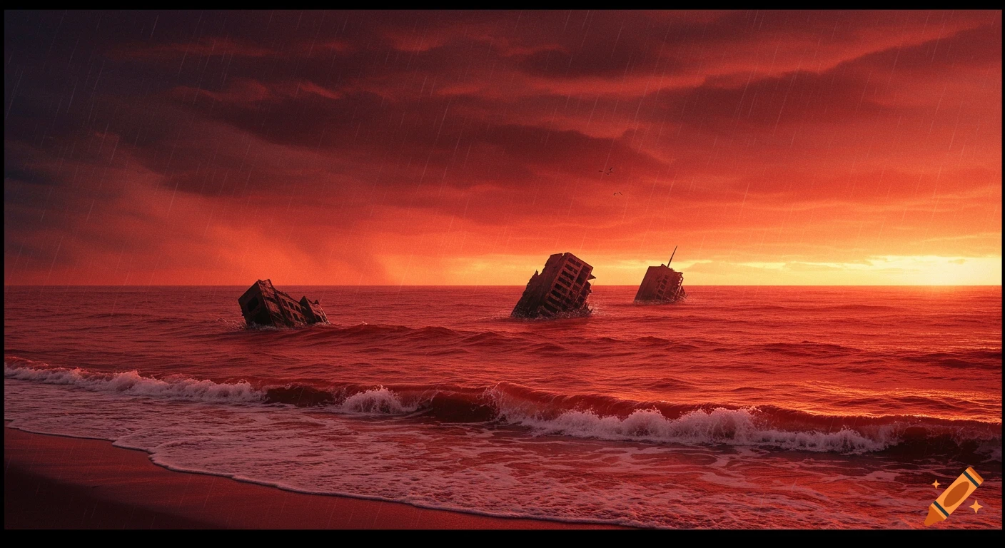 A dark red ocean with waves crashing on a stormy beach, with several ruined skyscrapers partially submerged under a dark, rainy red sky.