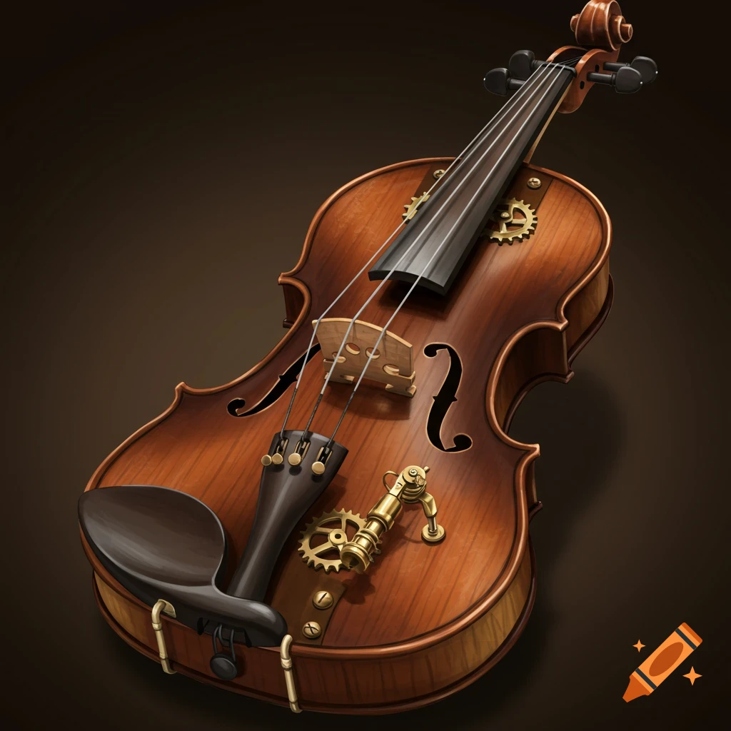 A detailed steampunk-style violin with brass gears and metallic embellishments, against a dark background.