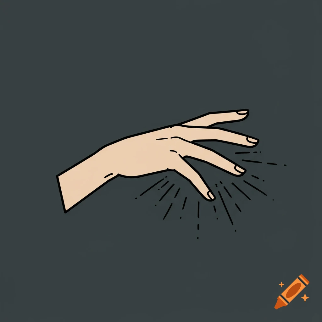 A stylized clipart illustration of a hand with fingers spread and lines emanating from below, on a dark background.