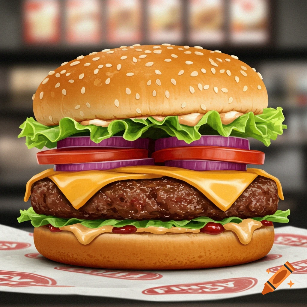 A detailed, photorealistic close-up of a delicious burger with cheese, lettuce, tomato, and onion on a sesame seed bun, resting on branded paper.