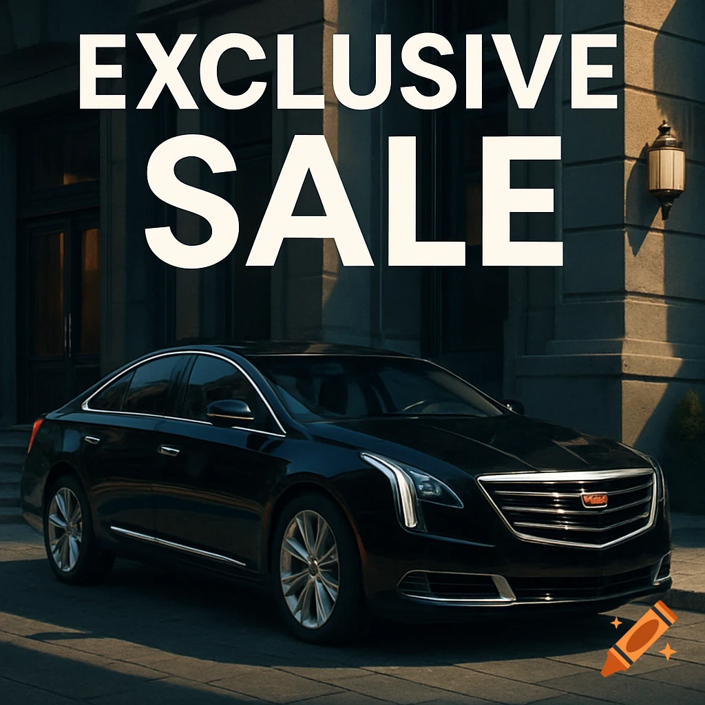 A black Cadillac XTS is parked in front of a building, with the text "Exclusive Sale" overlaid.