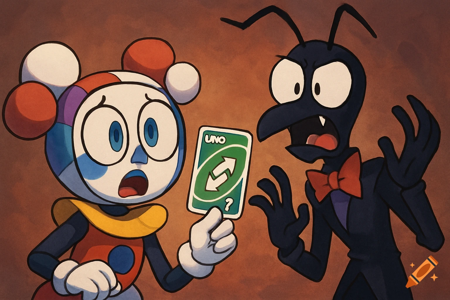 Cartoon characters Pomni and Mr. Ant Tenna react to an Uno reverse card. Pomni holds the card while Mr. Ant Tenna looks surprised.