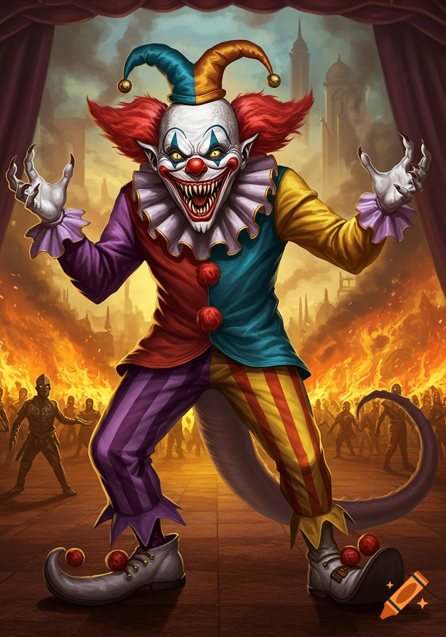 A sinister clown with sharp teeth and glowing eyes in a colorful costume stands before a fiery, chaotic city with silhouetted figures.