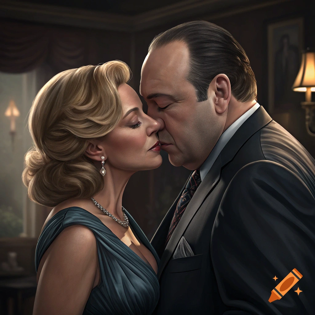 A photorealistic portrait of a man and woman kissing passionately. The woman has blonde hair, the man dark, both in formal attire.