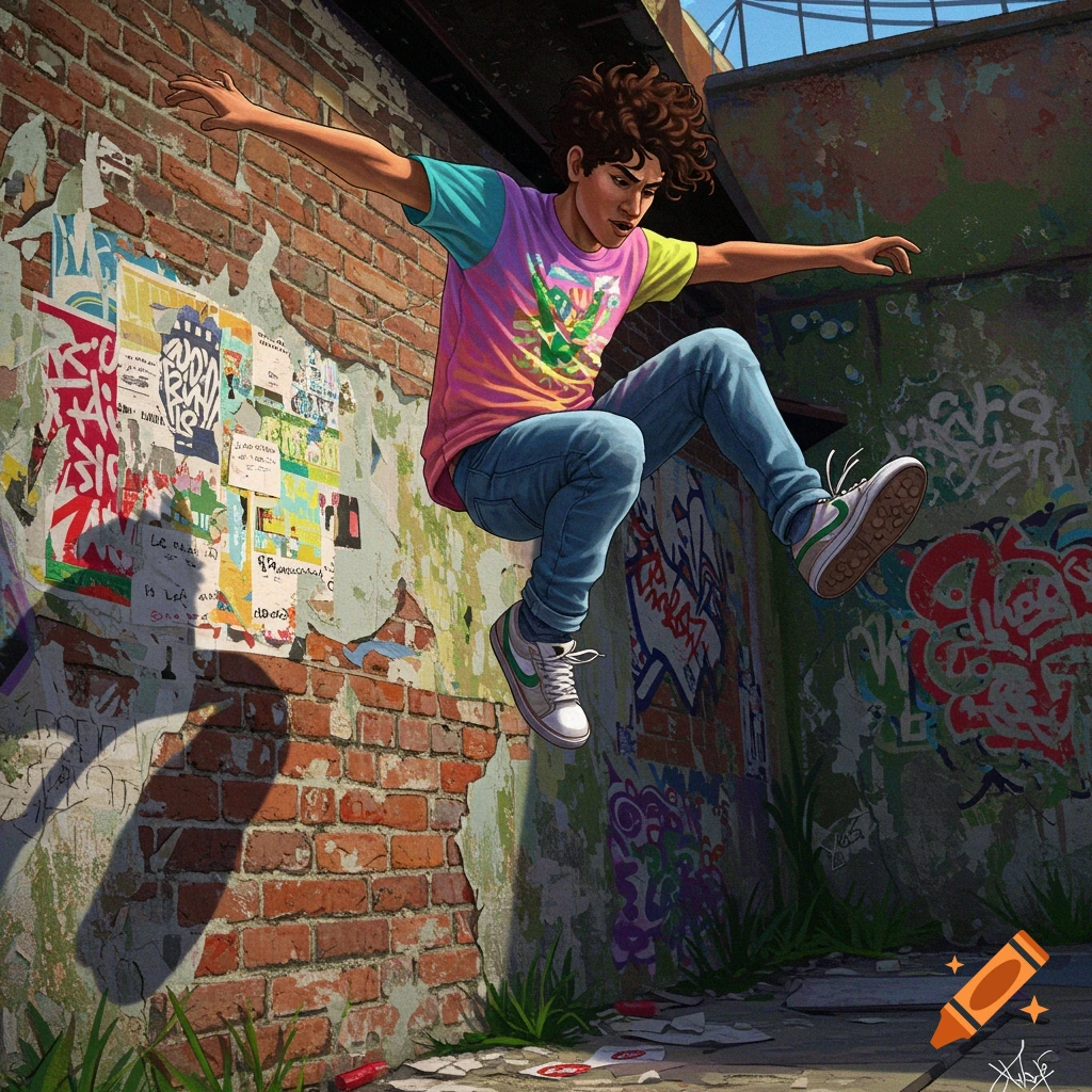 A young person jumps in front of a graffiti-covered wall.