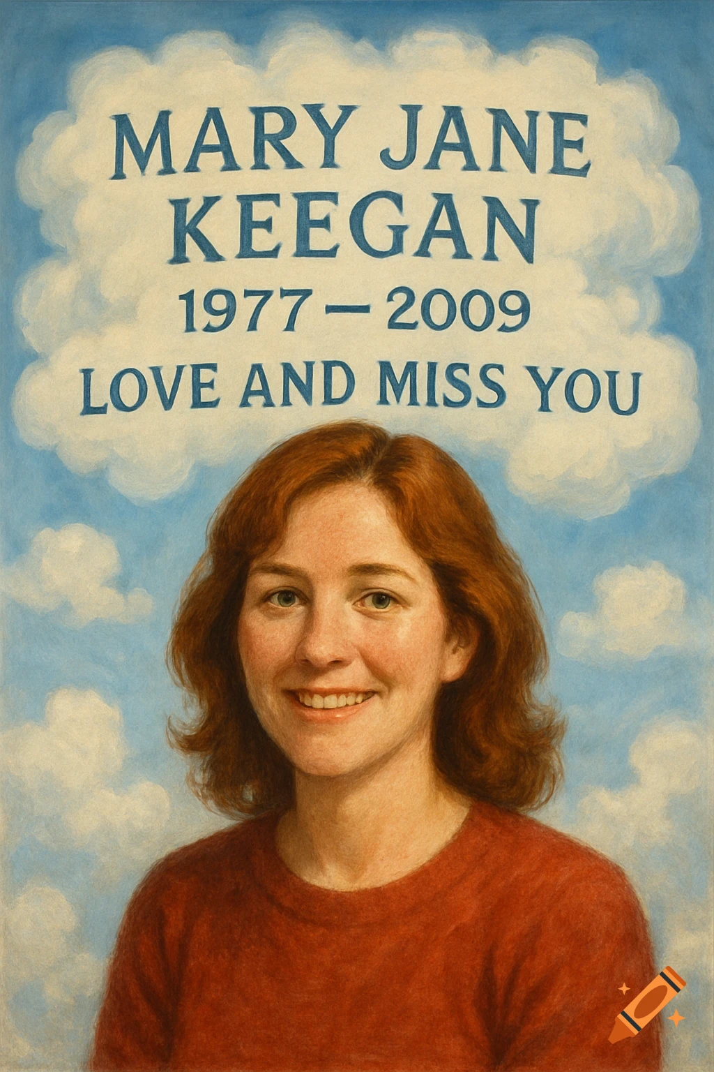 A painted portrait of a smiling woman with red hair against a cloudy blue sky, with memorial text.