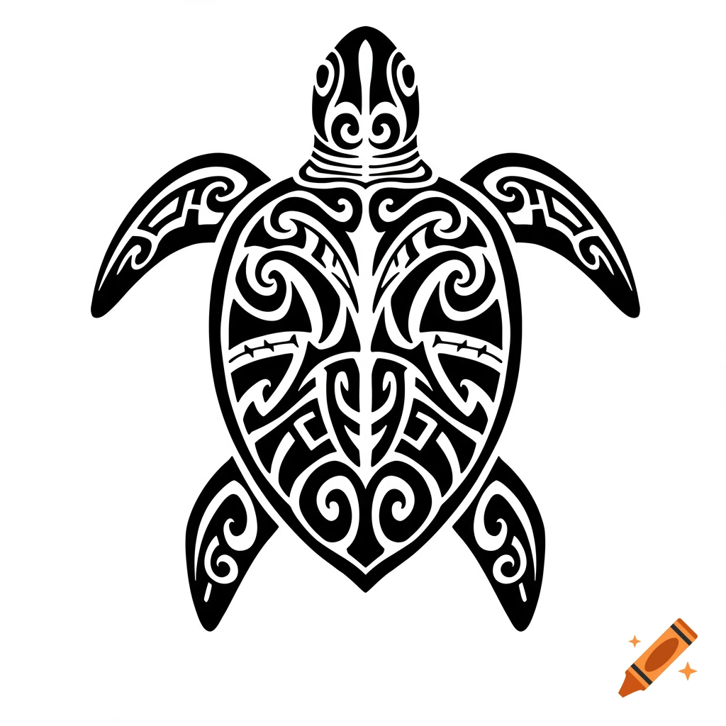 Black and white Polynesian tribal style turtle with symmetrical patterns, suitable for a tattoo design.
