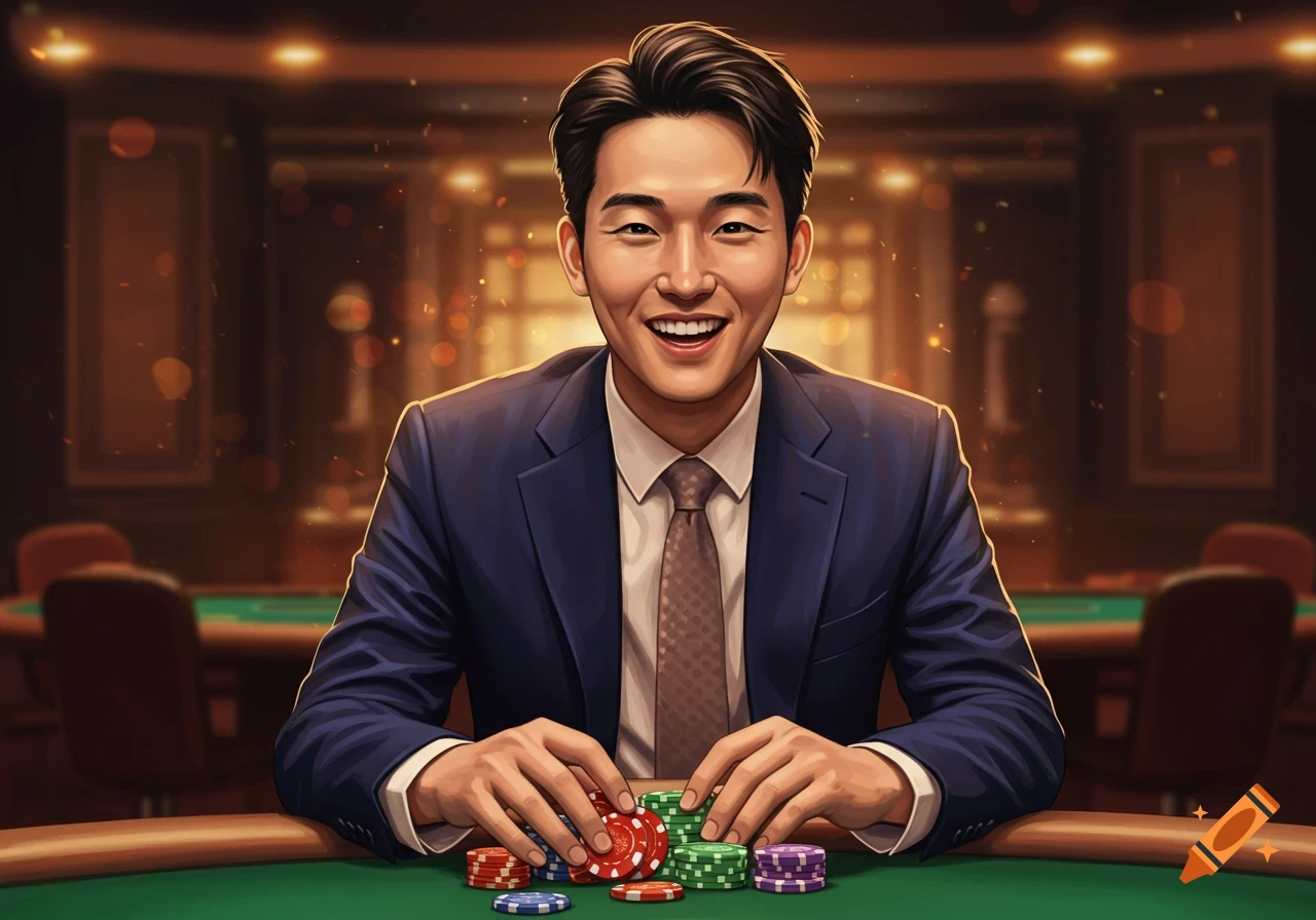 A smiling young man in a suit sits at a poker table with stacks of poker chips in a casino setting, digital illustration.