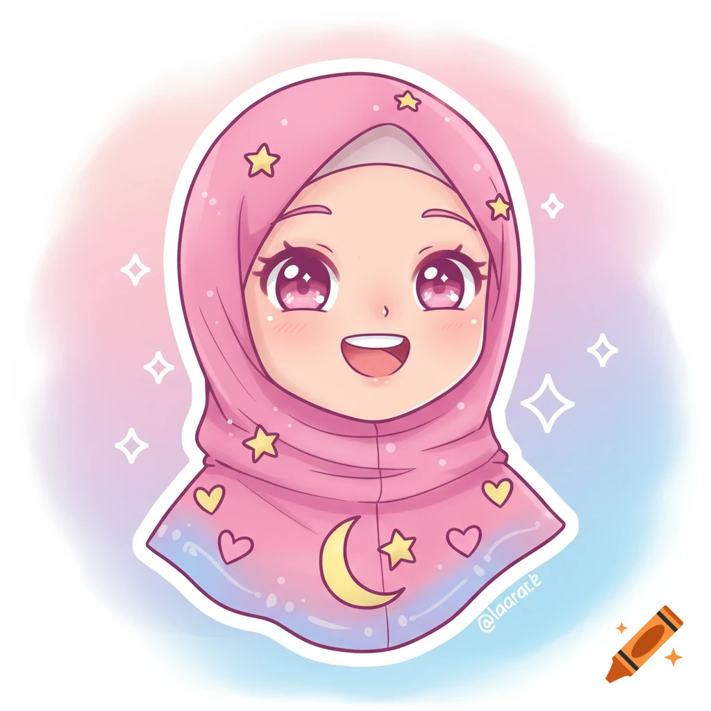 Chibi cartoon of a smiling girl in a pink hijab with stars, hearts, and a moon design on a pastel background.