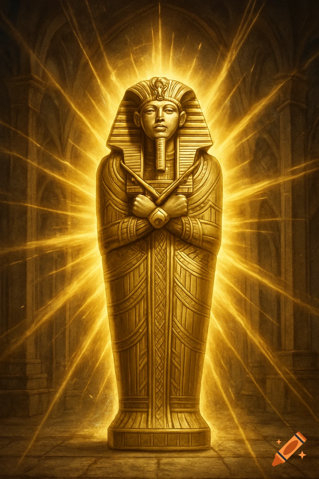 Golden Egyptian sarcophagus radiating bright golden light in a dark, arched tomb.