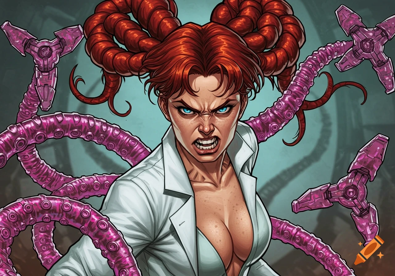 A close-up comic book style illustration of a female Doctor Octopus character with red hair styled like tentacles, blue eyes, and pink mechanical tentacles. She wears a white lab coat and has an angry, snarling expression.