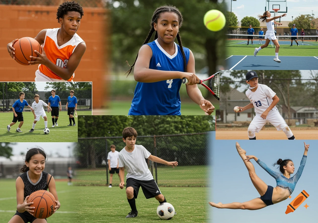 A vibrant collage showcasing diverse middle school-aged children actively engaged in various sports, including basketball, tennis, soccer, baseball, and gymnastics.
