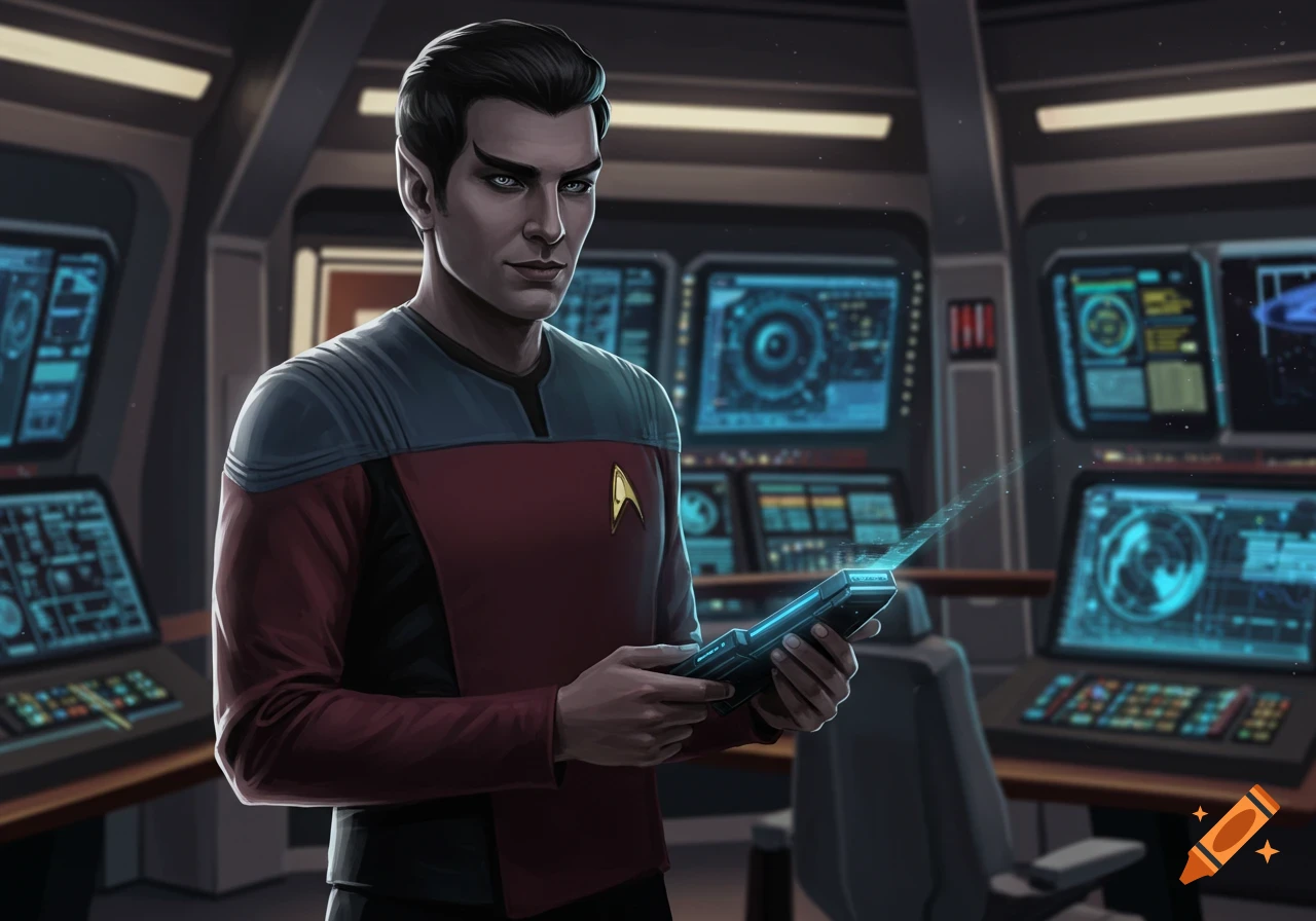 Illustration of a Half-Vulcan Starfleet Science officer holding a tricorder with a holographic projection on a starship bridge.