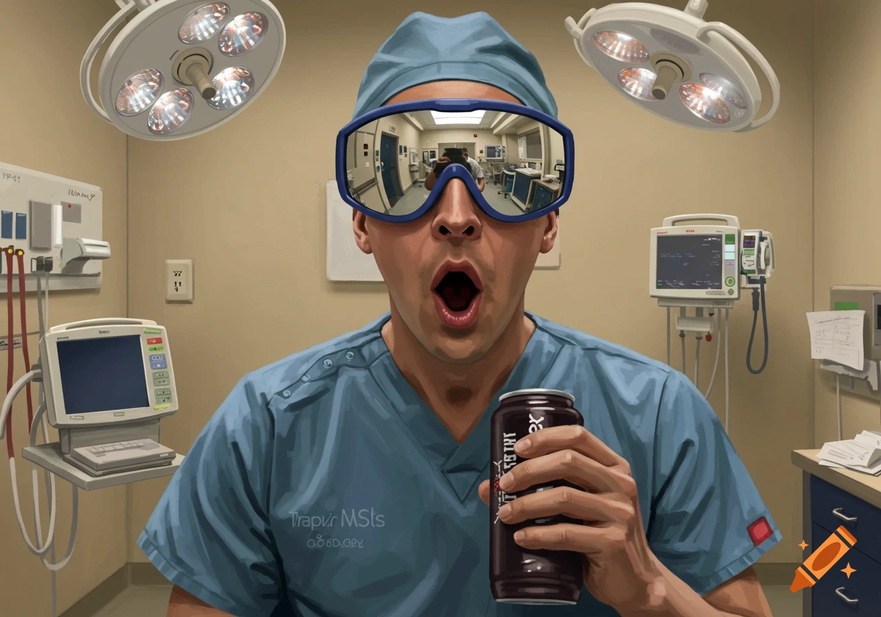 A surprised man in medical scrubs and mirrored goggles, holding an energy drink, standing in a hospital nurse station with medical equipment.