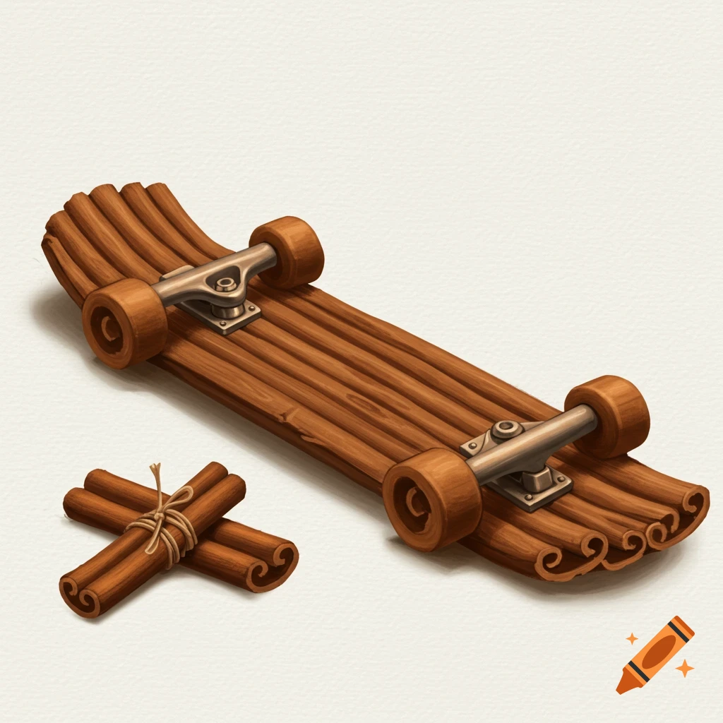 A skateboard with a deck made of cinnamon sticks, next to a tied bundle of cinnamon, on a light background.