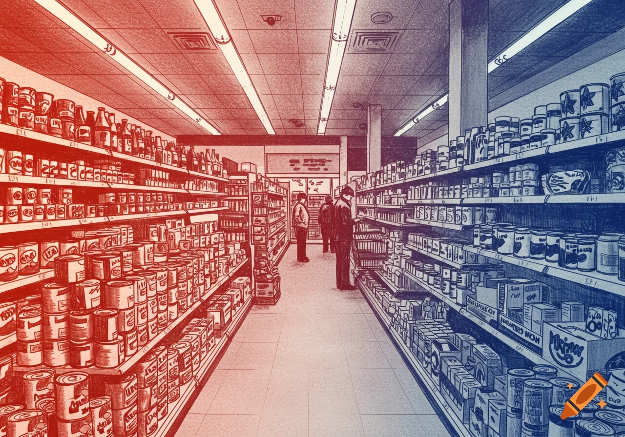 Red and blue two-tone ink illustration of a supermarket aisle with blurred figures shopping among shelves of products.