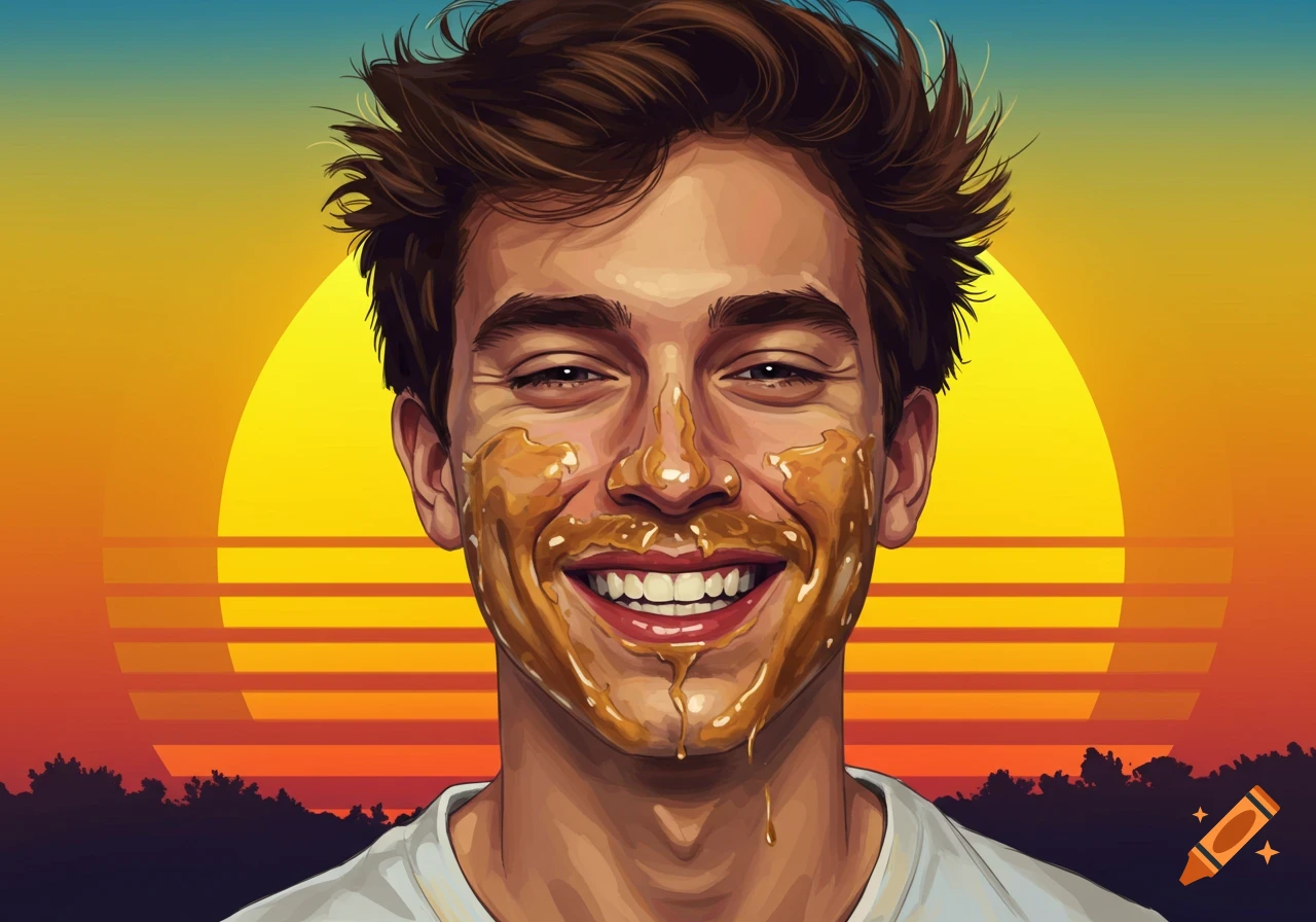 Close-up illustration of a smiling man with peanut butter on his face, against a retro sunset background.
