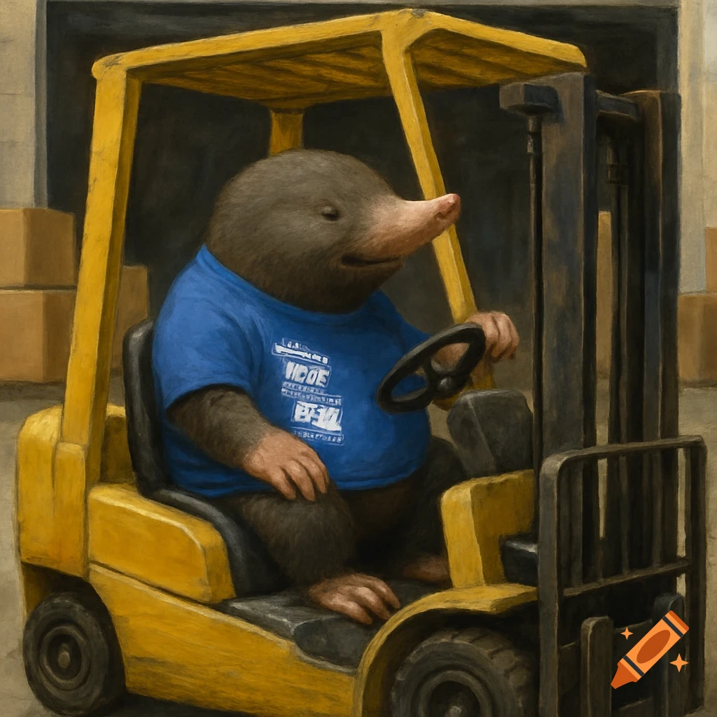 A mole wearing a blue t-shirt drives a yellow forklift in a warehouse.