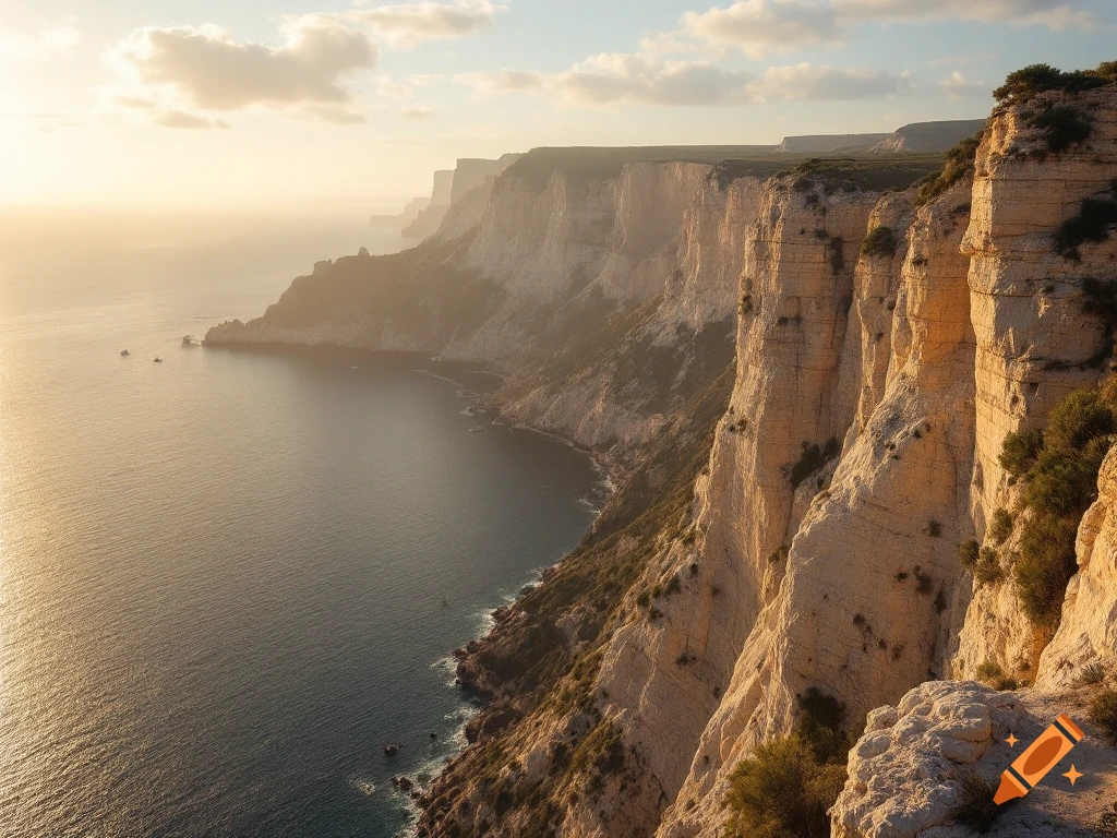 Photorealistic view of rugged cliffs along the coast at sunset
