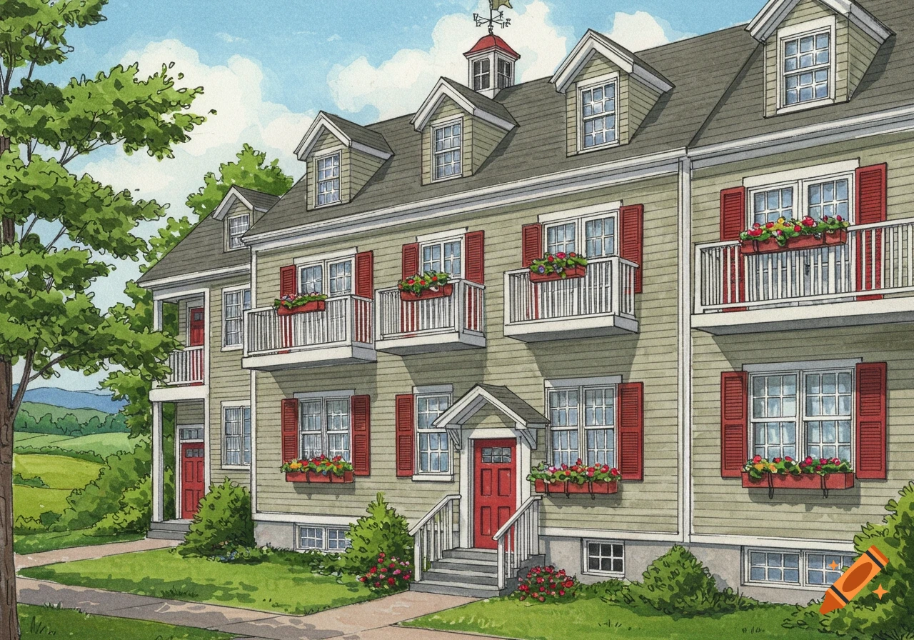 A multi-story apartment building with red doors, red shutters, white balconies, and flower boxes, surrounded by green grass and trees. Illustrated in a watercolor style.