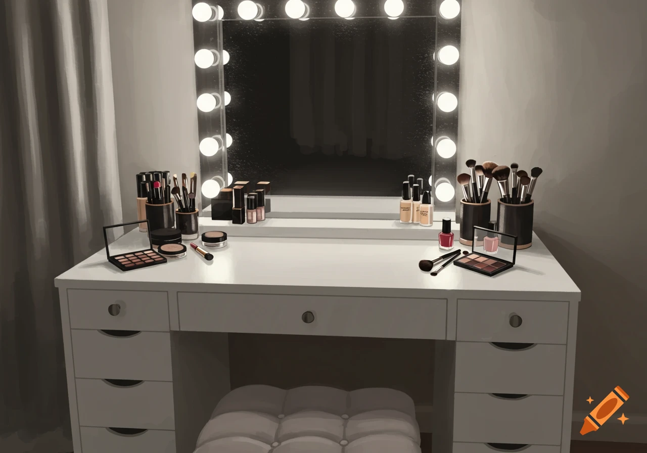 A white vanity desk with a Hollywood mirror, various makeup products, and a white stool underneath.