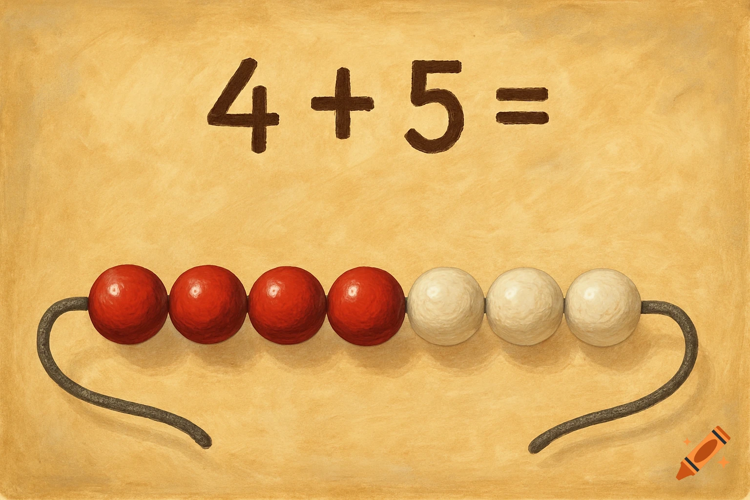 A math equation "4 + 5 =" written on a textured yellow background, with four red beads and five white beads on a string below it.