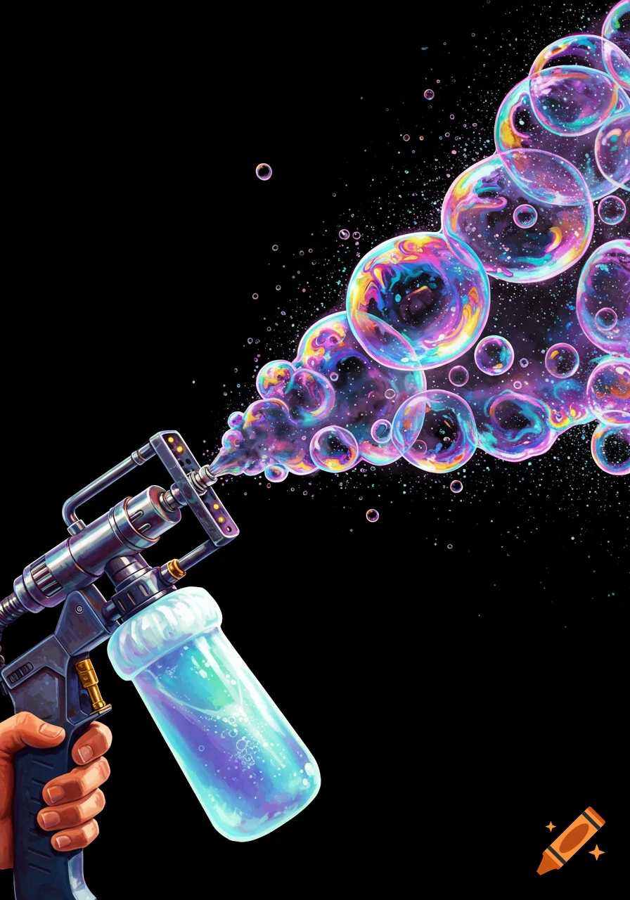 A hand holding a vibrant bubble gun spraying a stream of colorful, iridescent bubbles against a black background.