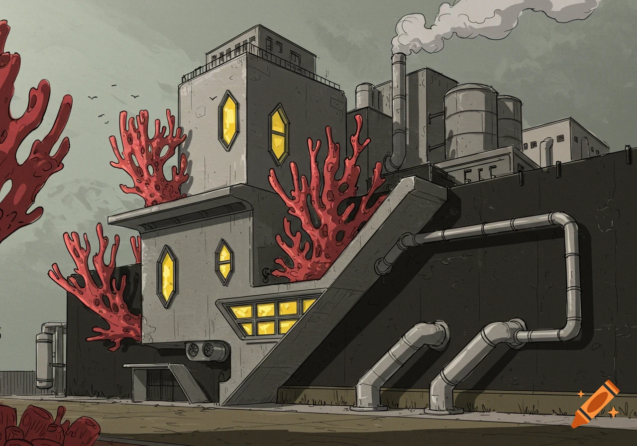 A detailed architectural concept sketch of a concrete industrial building with red coral formations, pipes, and smoking chimneys.