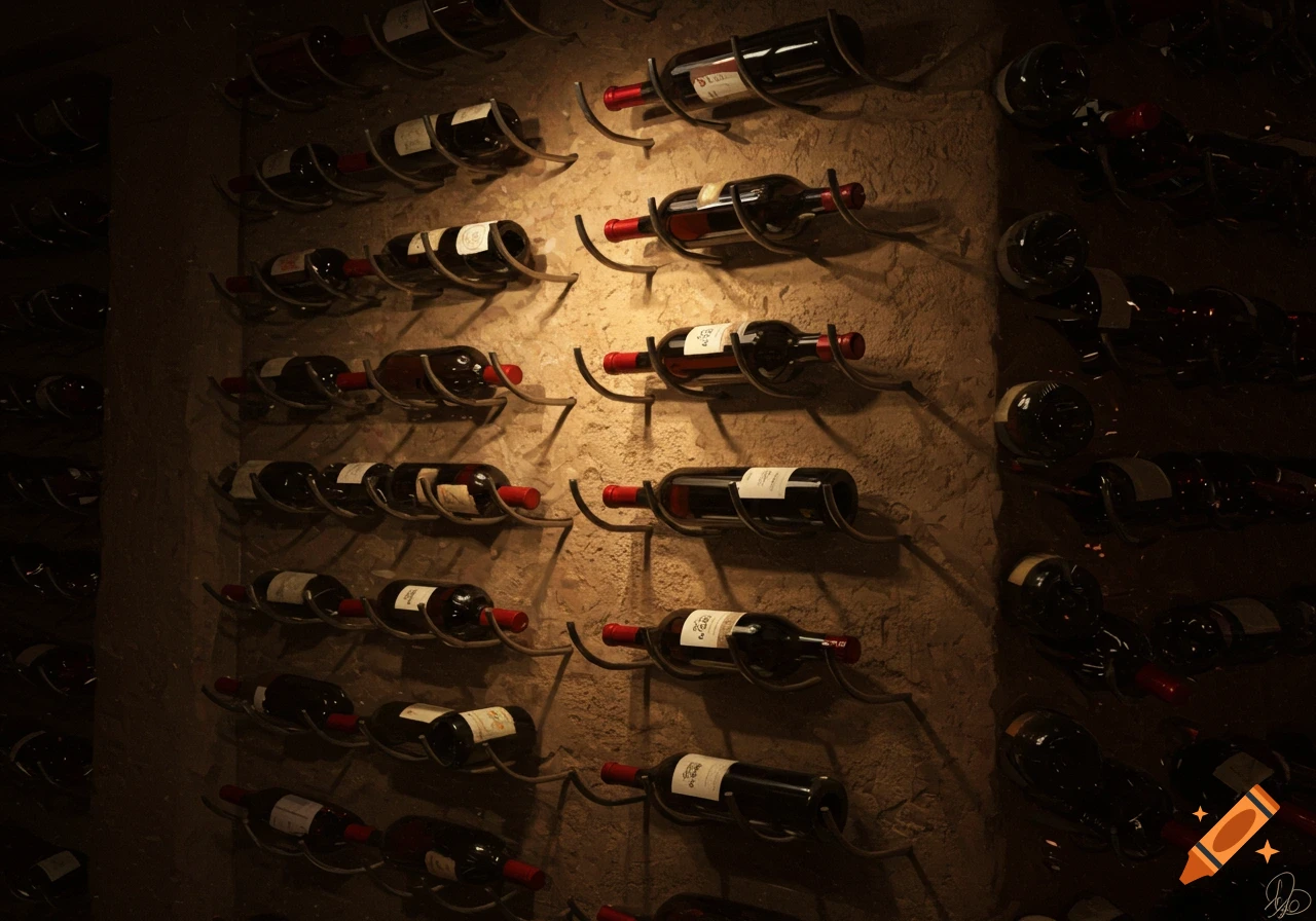 Photorealistic image of many wine bottles on a textured stone wall in a dark cellar with moody lighting.