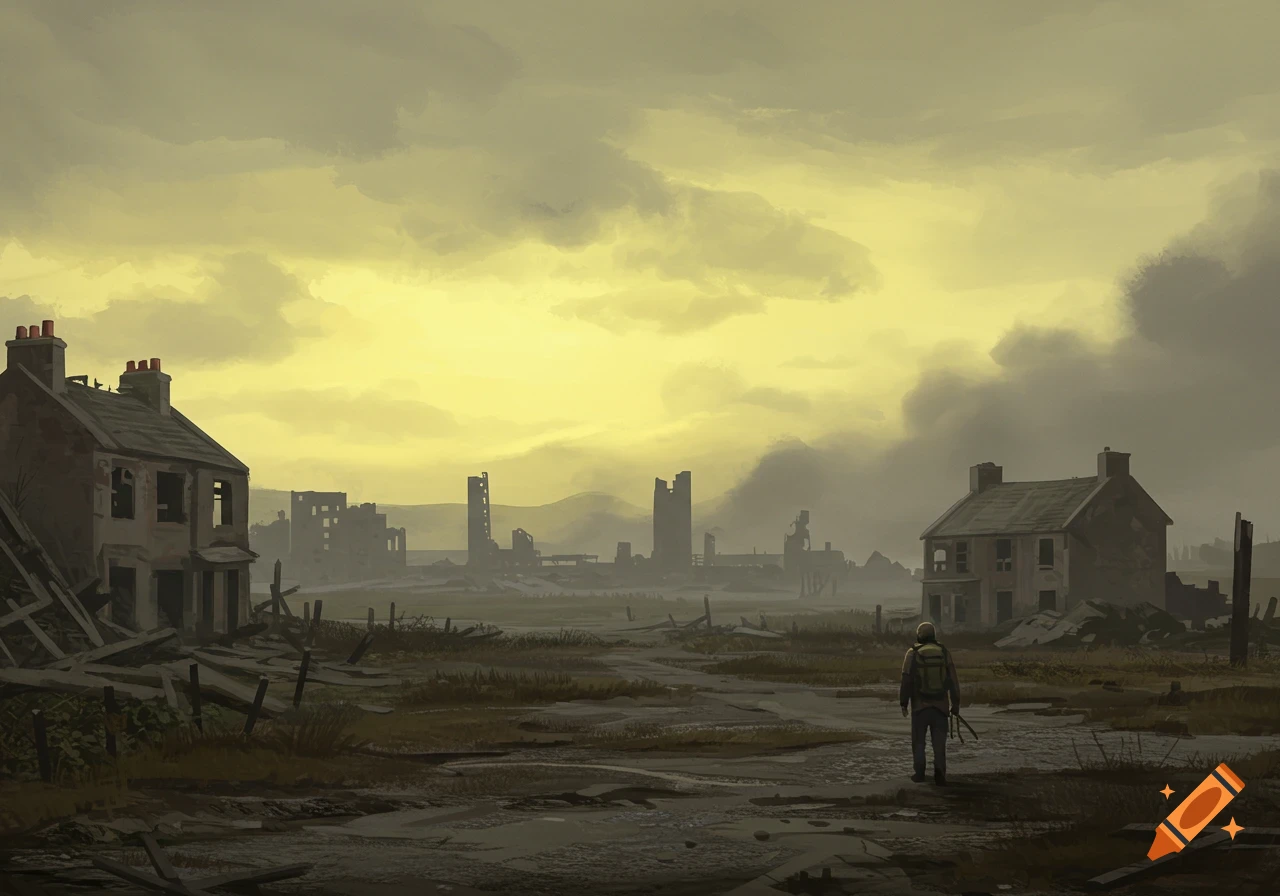 A lone person walks through a desolate, ruined landscape with destroyed buildings under a hazy yellow sky, in a painterly style.