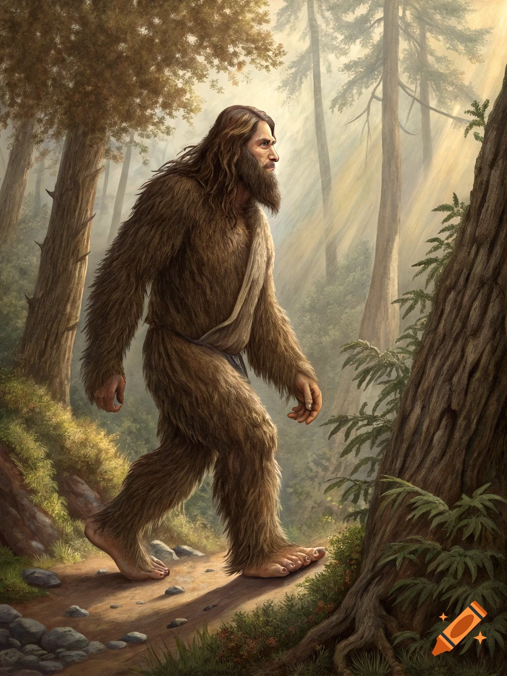 A furry Bigfoot-like creature walks on a path through a sunlit forest.