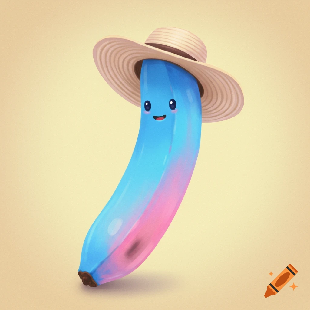 A cheerful blue and pink cartoon banana wearing a straw hat.