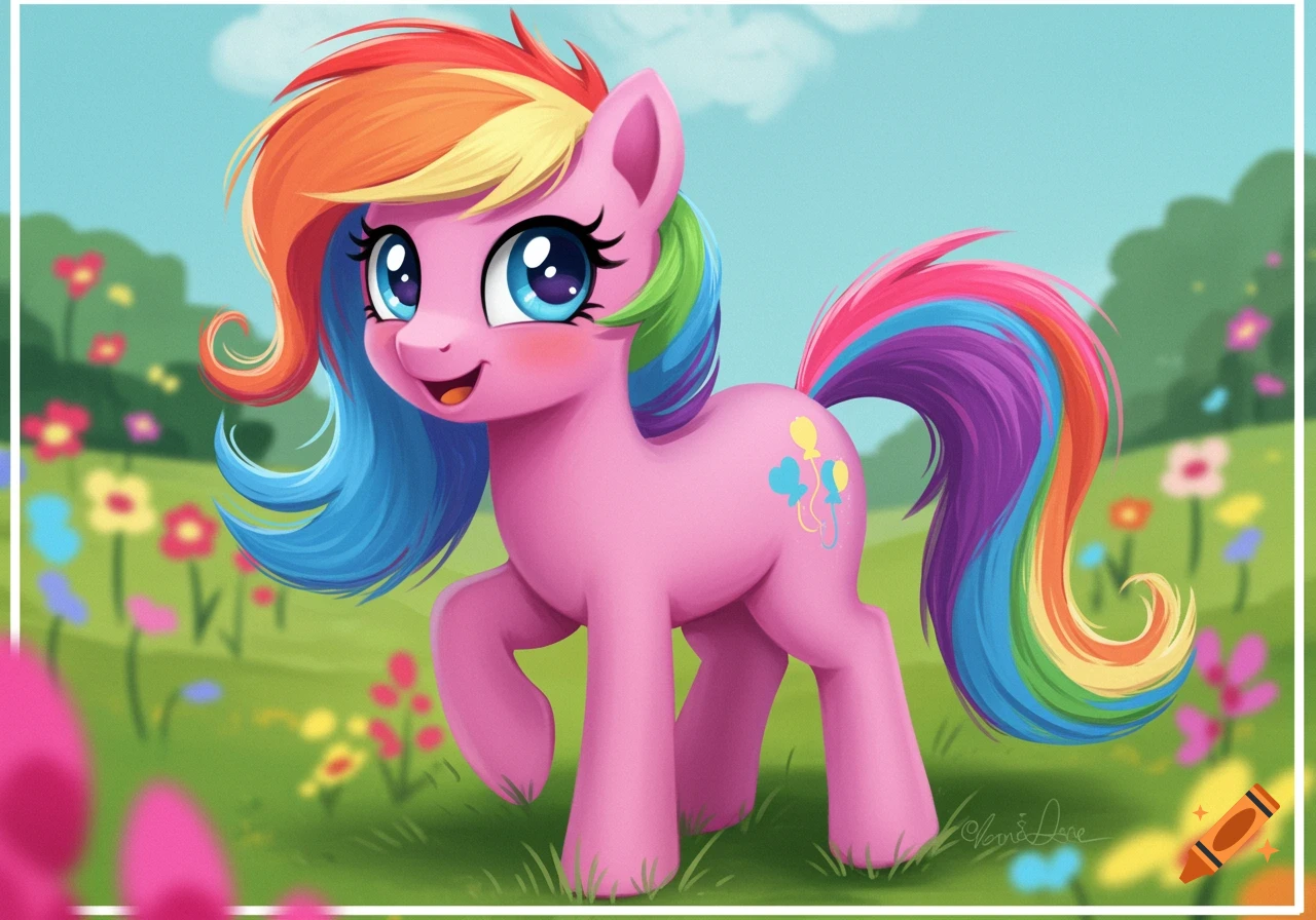 A pink cartoon pony with a rainbow mane and tail smiles in a vibrant green field with colorful flowers.