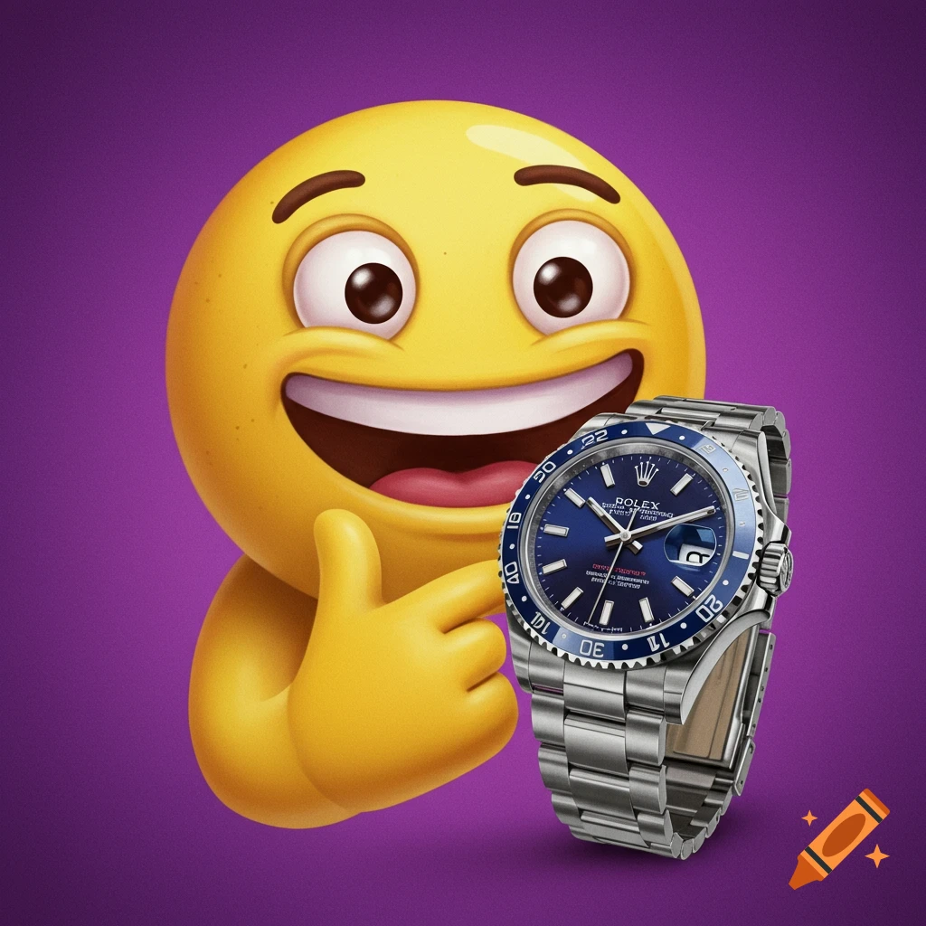 A 3D rendered happy emoji character gives a thumbs up while holding a detailed blue Rolex watch on a purple background.