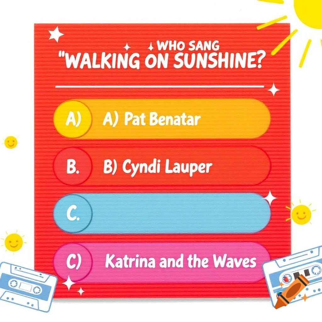A colorful quiz board with a red background asks, "Who sang 'Walking on Sunshine'?" Options are A) Pat Benatar, B) Cyndi Lauper, and C) Katrina and the Waves. Decorated with shining suns and cassette tapes.