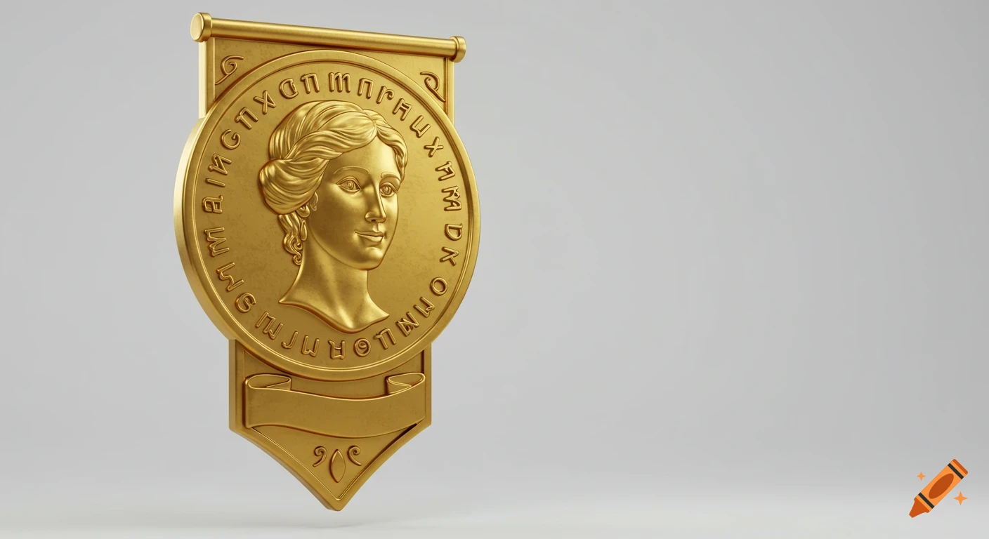 A 3D render of a golden medal or banner featuring a female profile similar to a coin, against a plain light background.