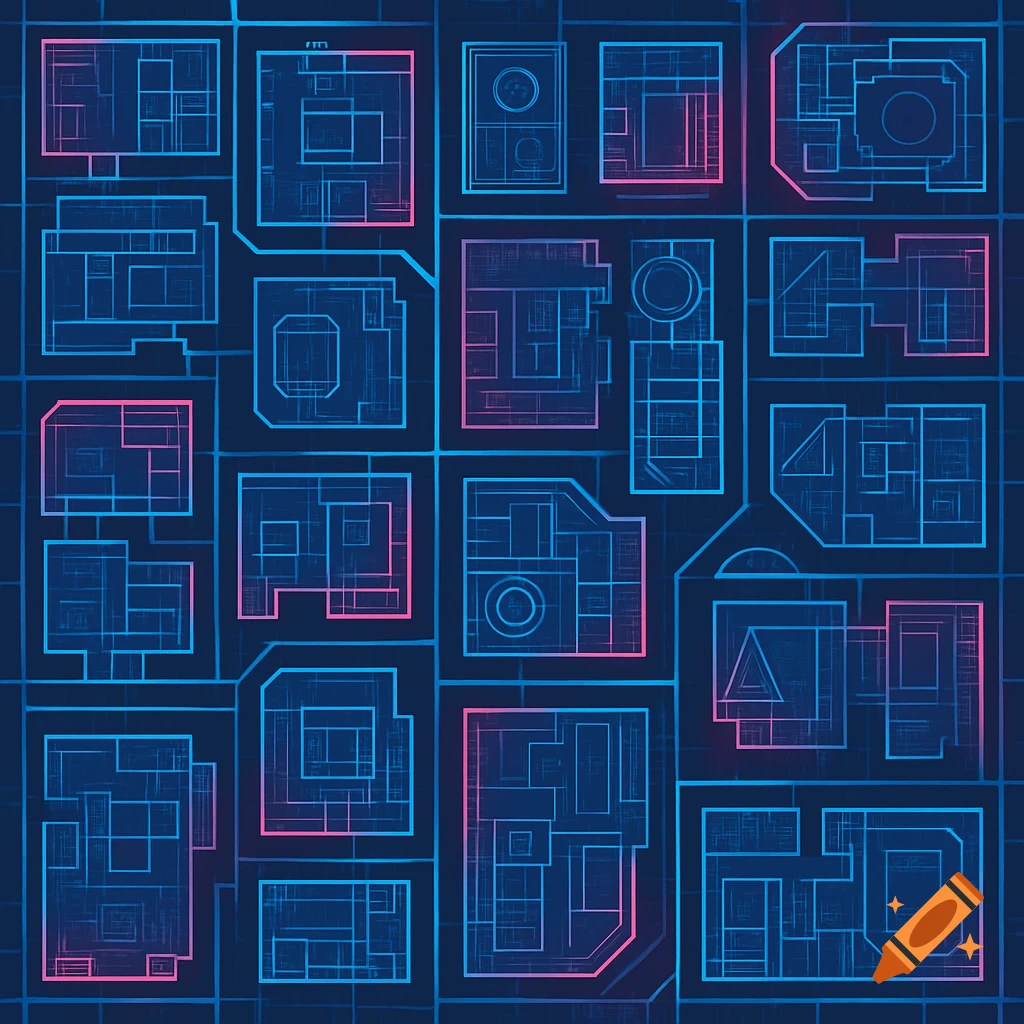 A top-down stylized blue and pink glowing blueprint map of a cyberpunk city with multiple blocks.