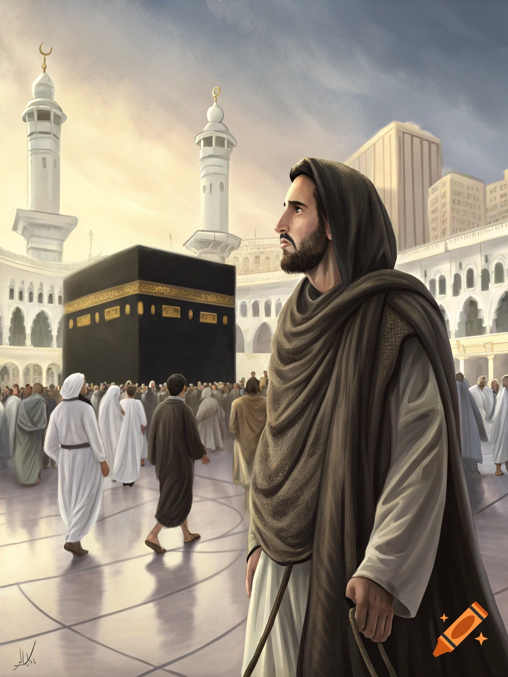 A man in a dark hooded robe stands looking at the Kaaba, surrounded by pilgrims and minarets in a digital painting.