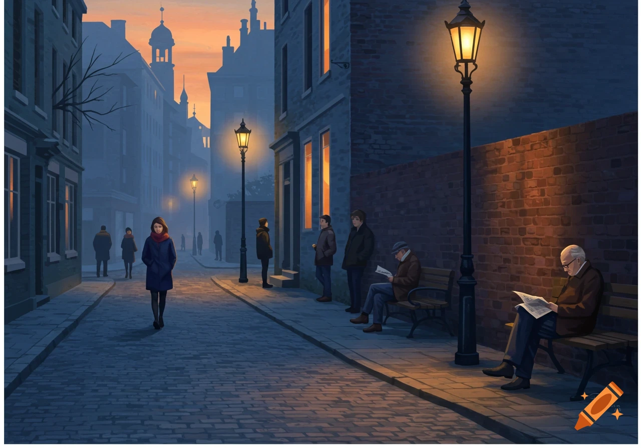 Illustration of a quiet street scene at dusk with people walking and sitting under gas lamps.