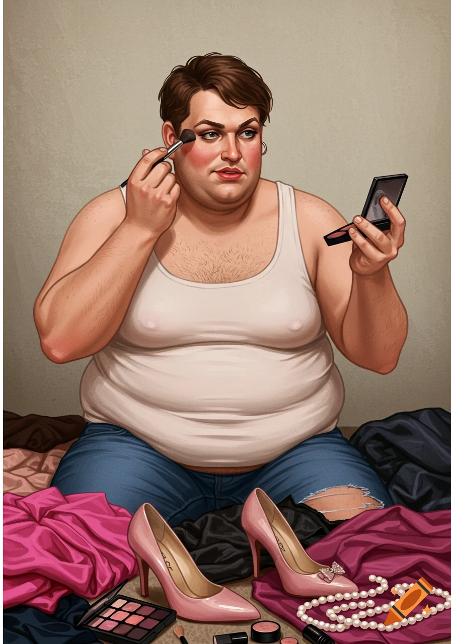 A man with chest hair in a white tank top sits surrounded by pink and black clothing, applying makeup to his face.