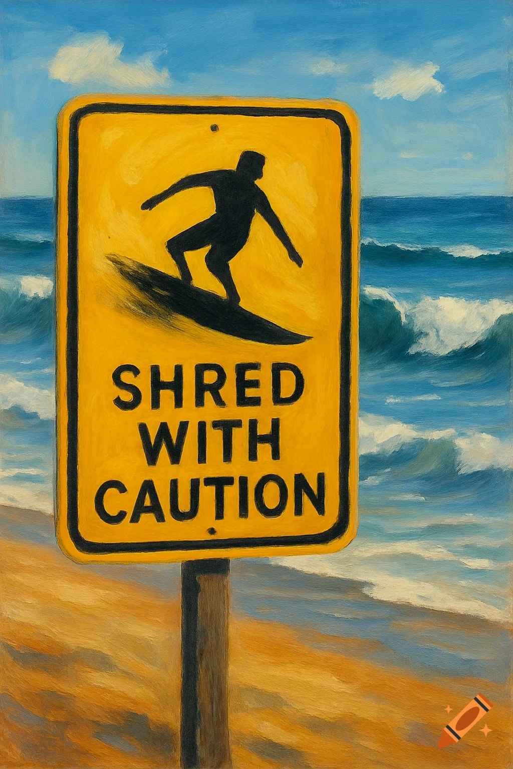 Painting of a yellow beach warning sign on a beach that says "SHRED WITH CAUTION" with a surfer silhouette.