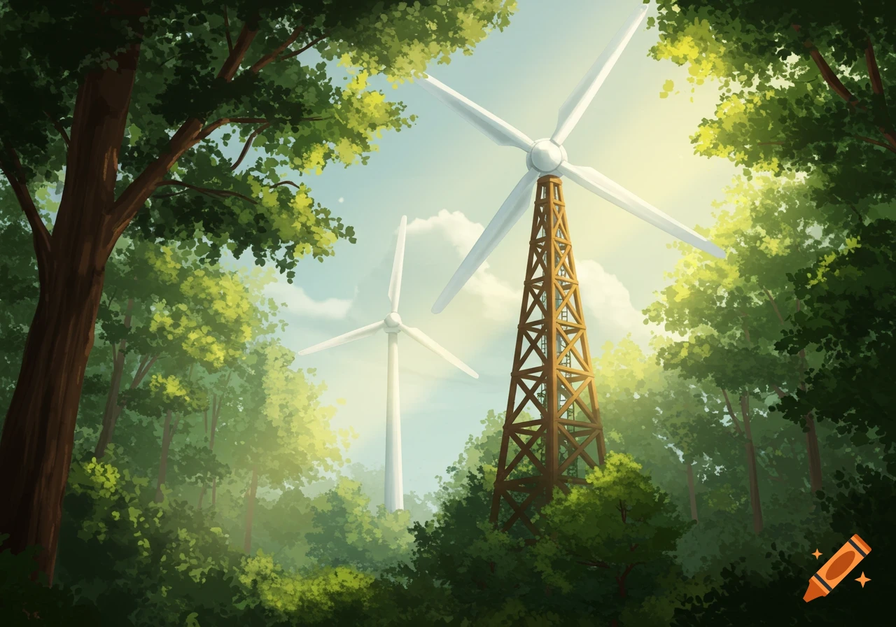 Illustrative landscape of two wind turbines with a wooden base, rising above a lush green forest under a bright sky.