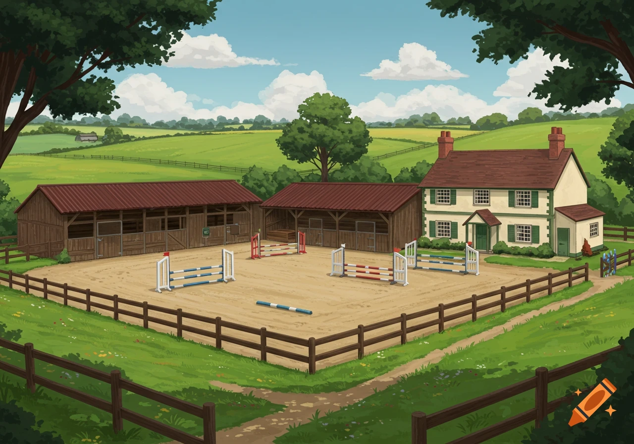An illustration of a rural horse stable and jumping arena next to a house surrounded by green fields.