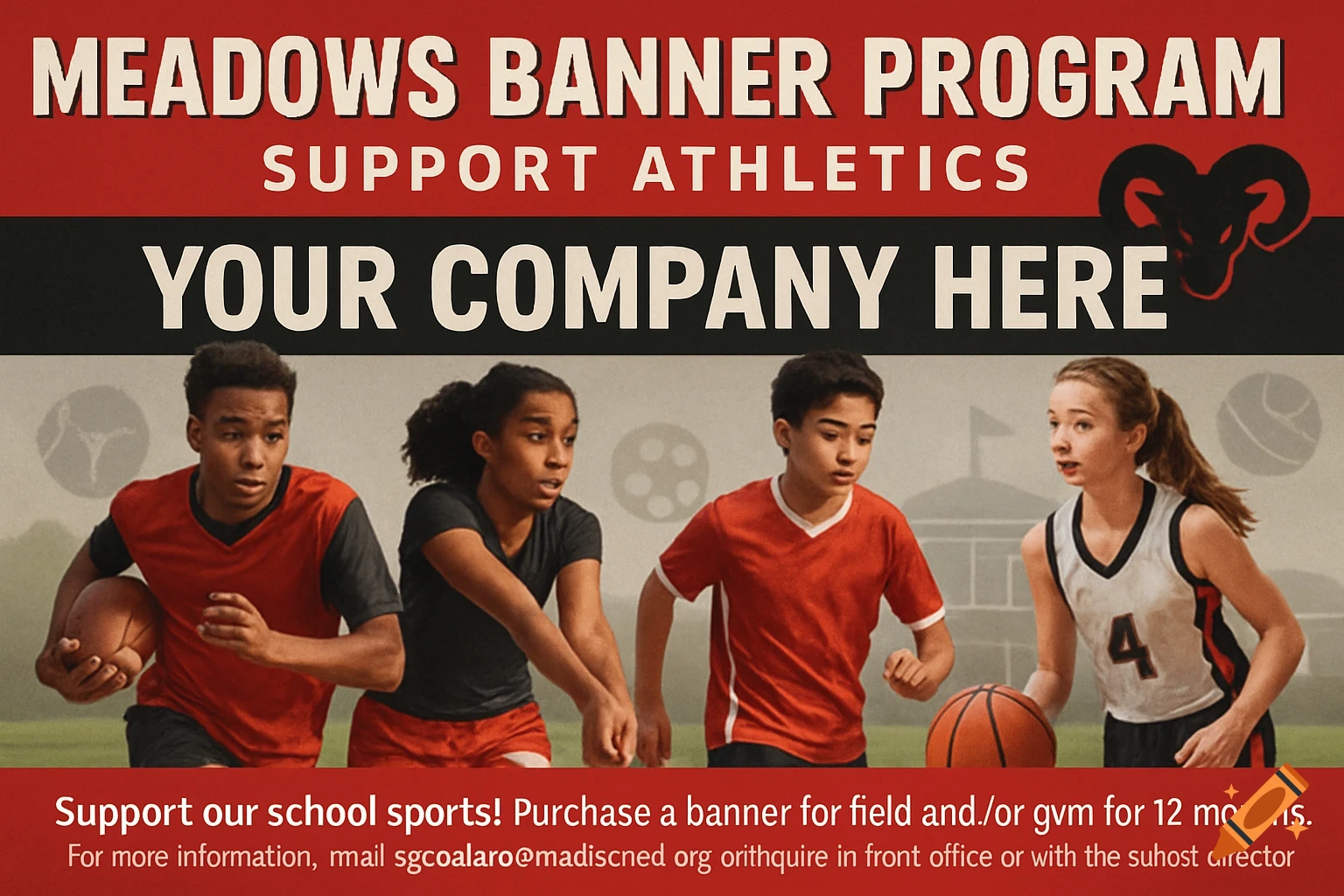 A school sports banner features four ethnically diverse middle school students playing various sports, with bold text advertising the Meadows Banner Program to support athletics.
