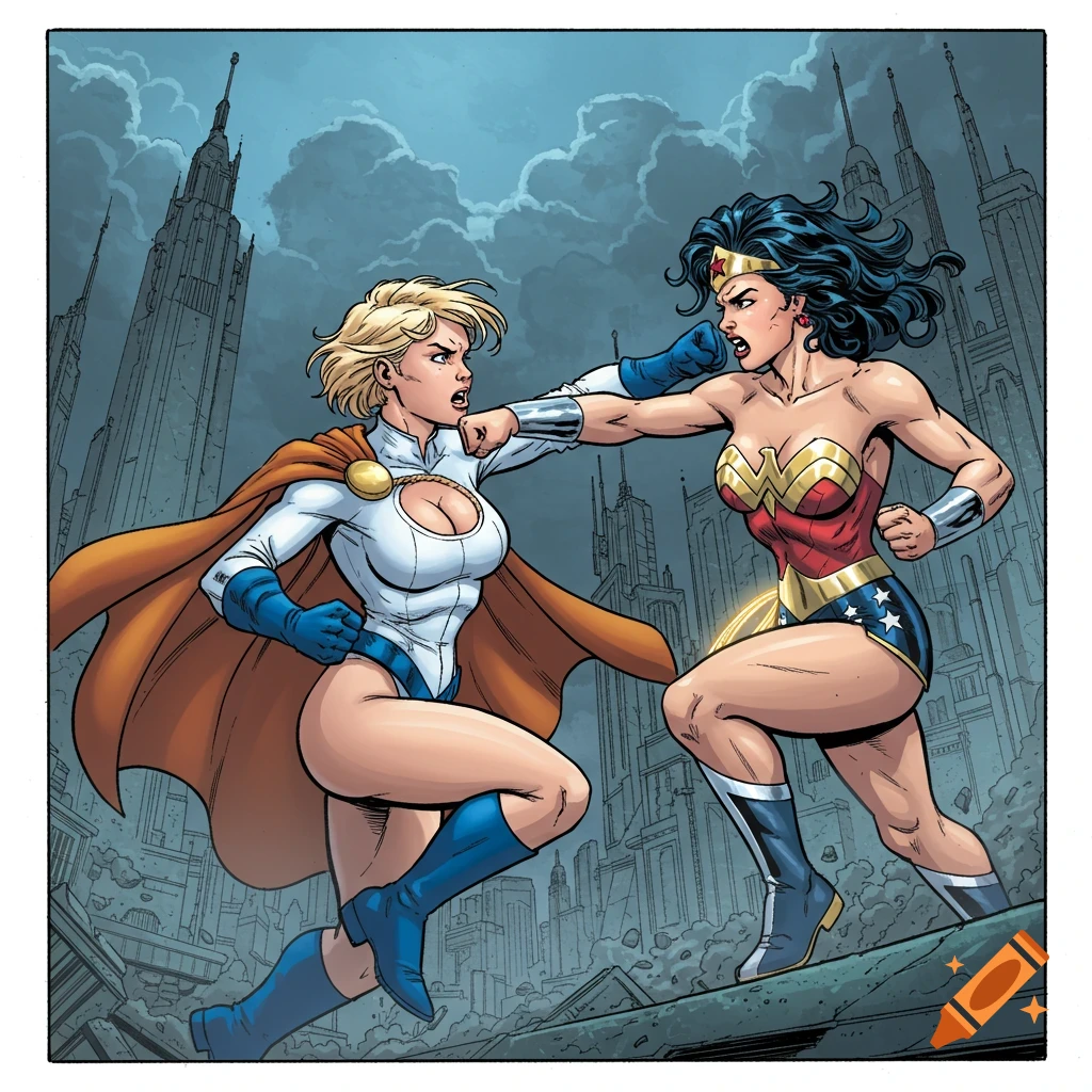 Power Girl punches Wonder Woman in a comic book style illustration of a fight in a destroyed city.