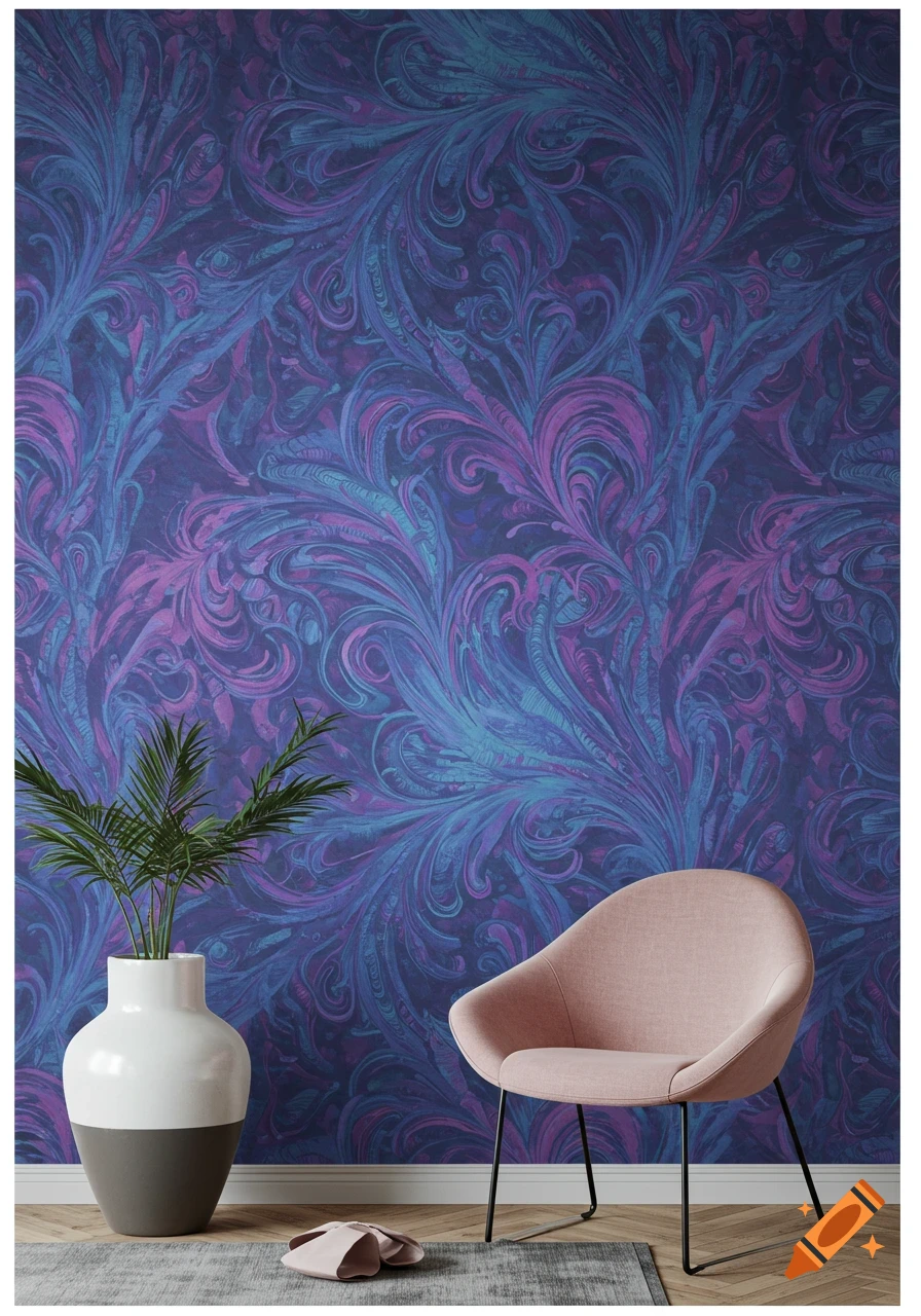 A room with purple and blue patterned wallpaper, a white and gray vase with a plant, and a pink armchair.
